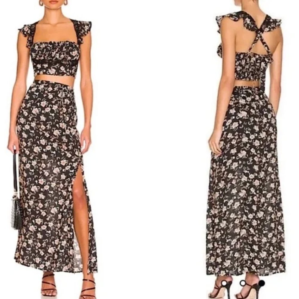 Free People Bijou 2pc top and skirt combo black floral
